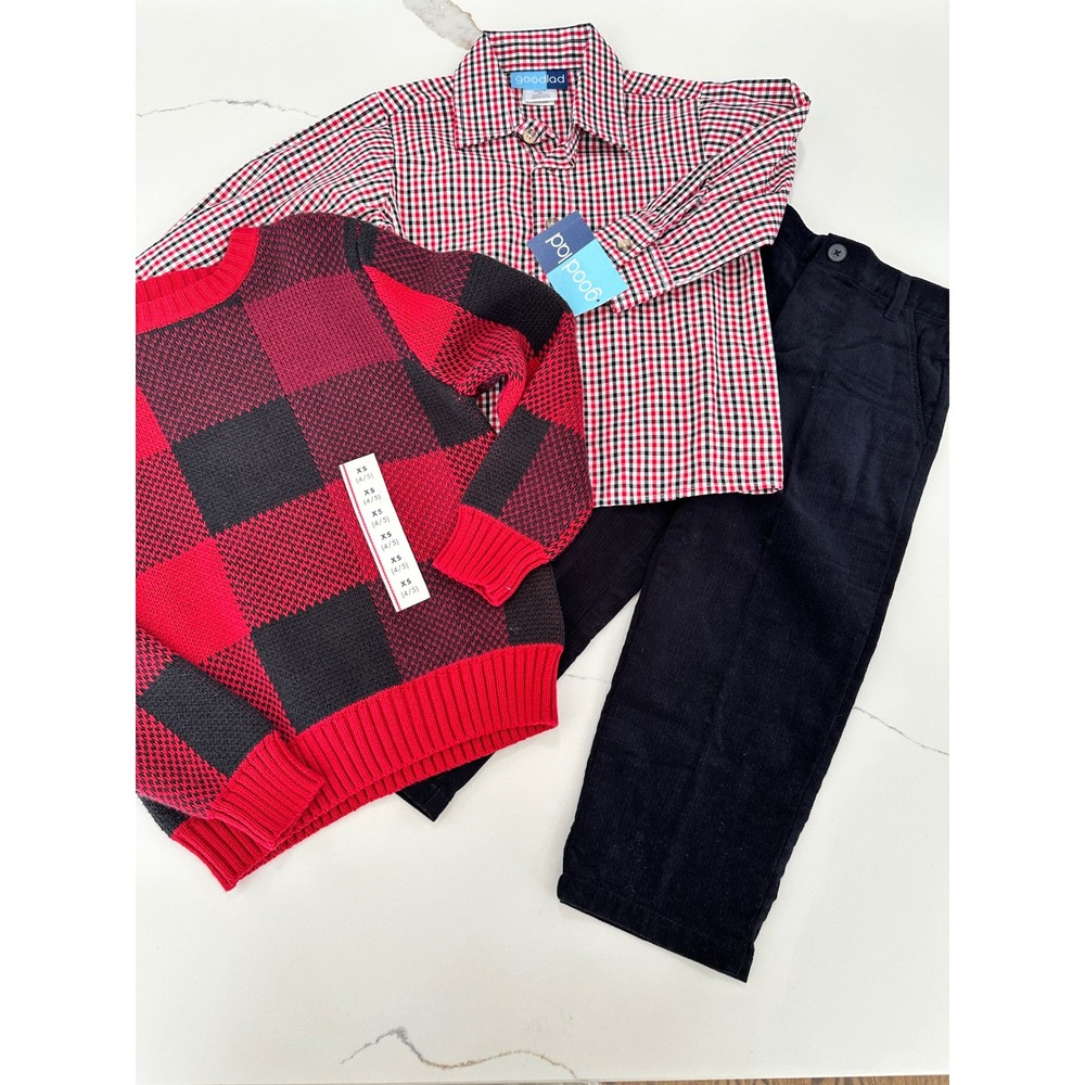 Goodlad & Cat Jack Boys 3pc Holiday Set Red Plaid Sweater Gingham Shirt Corduroy